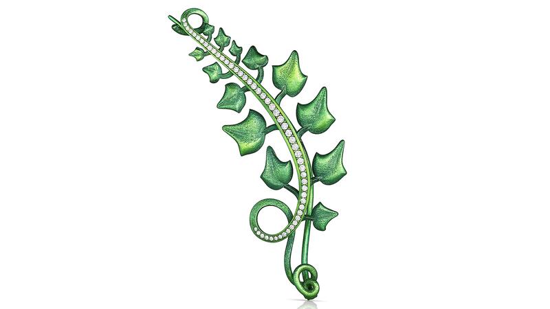 An “Ivey” brooch in green titanium with a line of diamonds totaling 0.45 carats Adam Neeley Dalí’s Garden